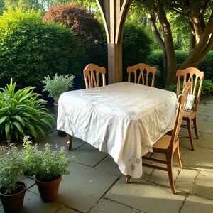 Embroidered Tablecloth With Blue Floral Cutwork Crocheted Inserts Vintage